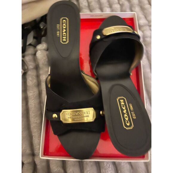 Coach abella slides/shoes/heels sz 10 black/gold - Picture 1 of 9